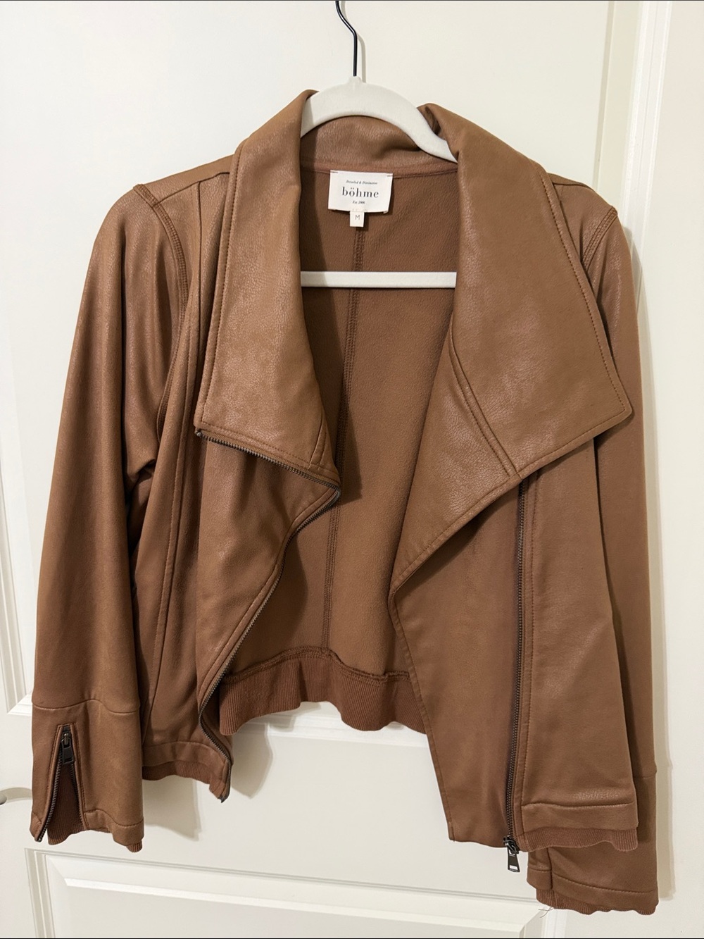 bohme Brown Faux Leather Draped Moto Jacket
